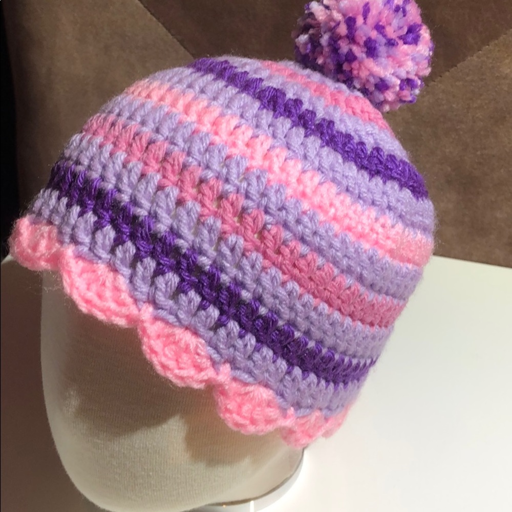 Baby Pom Pom beanie hat handmade pink purple